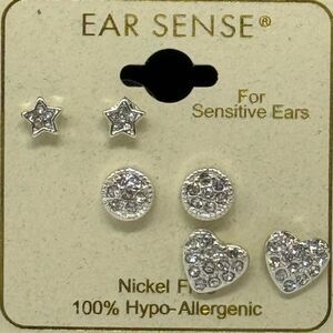 Ear Sense Set of 3 Silver Sparkling Heart Star and Circle Stud Earrings